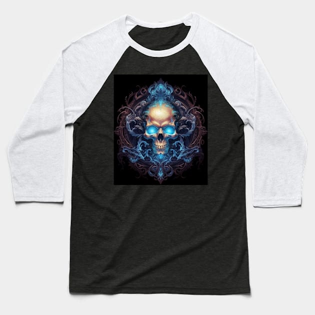 Skull on Blue Fire: Baroque Vintage Ornament Background Baseball T-Shirt by UnplainShirt